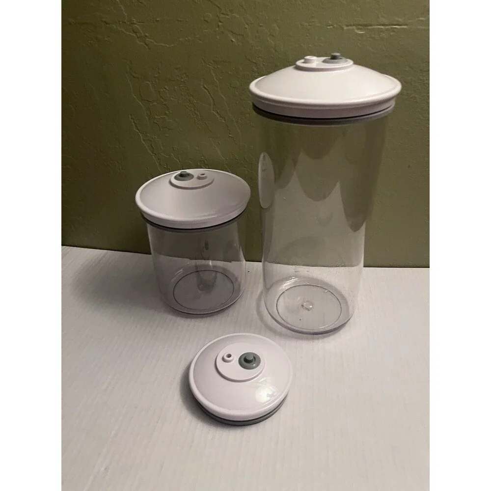 Two Clear FoodSaver Snail Vacuum Seal Canisters Containers Tall Short Extra Lid